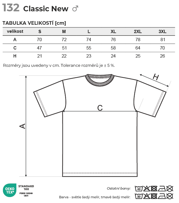 132 Classic New tričko pánské Tabulka velikostí